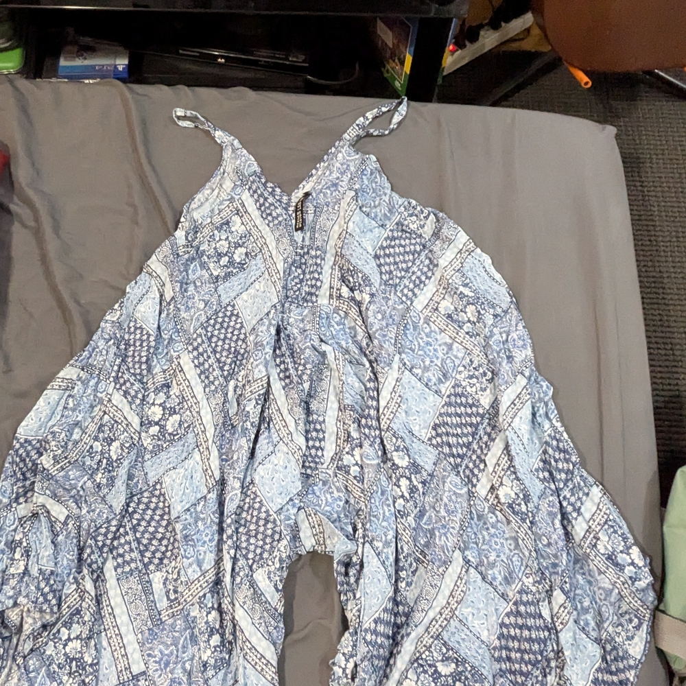 Topshop Blue & White Patchwork Print Cropped Jumpsuit